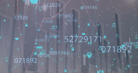 Poster - Image of multiple graphs, changing numbers and connected icons over abstract background