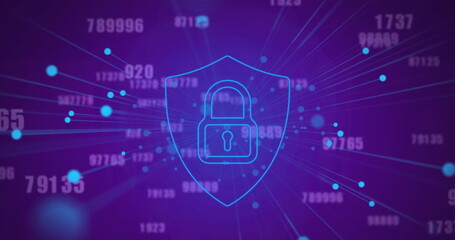Poster - Image of dots around padlock in shield and changing numbers over blue background