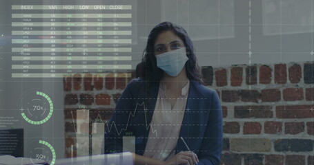 Poster - Image of infographic interface over biracial woman wearing mask looking at camera in office