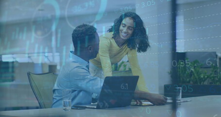 Poster - Image of graphs, loading circles, trading board, diverse coworkers discussing on desk in office