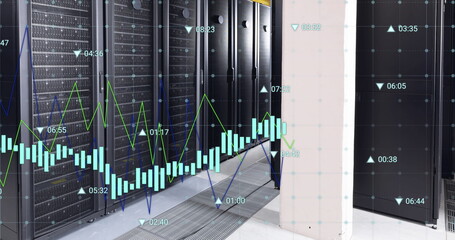 Canvas Print - Image of graphs and changing numbers over data server room