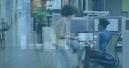Poster - Image of graphs and changing numbers over diverse female coworkers discussing on desk