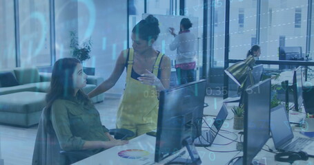 Poster - Image of statistical, stock market data processing over two diverse women discussing at office