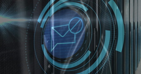 Poster - image of message block icon on round scanner and light spot against computer server room
