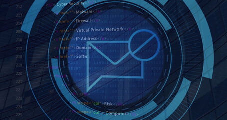 Poster - Image of message block icon on round scanner and data processing against tall building