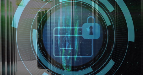 Poster - Image of security padlock icon on round scanner and globe of plexus networks against server room