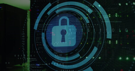 Poster - Image of security padlock icon on round scanner and binary coding against computer server room