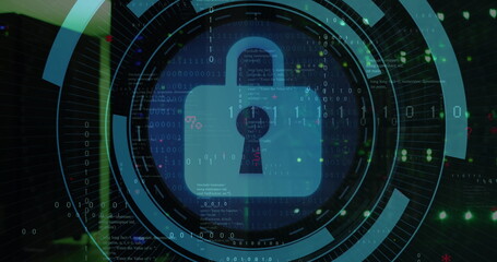 Poster - Image of security padlock icon on round scanner against computer server room