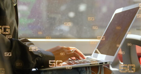 Poster - Image of multiple 5g text banners against mid section of a woman using laptop in a bus