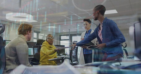 Poster - Image of multiple icons over diverse woman sharing ideas with coworkers in office