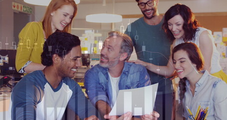 Poster - Image of multiple graphs, diverse coworkers clapping after hearing idea of coworker in office