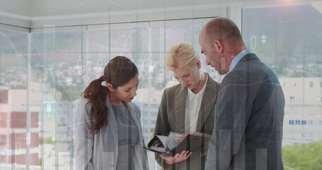 Poster - Image of multiple graphs with numbers over caucasian coworkers looking at diary in office