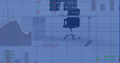 Canvas Print - Image of multiple graphs and trading board over chair and desktop against white background