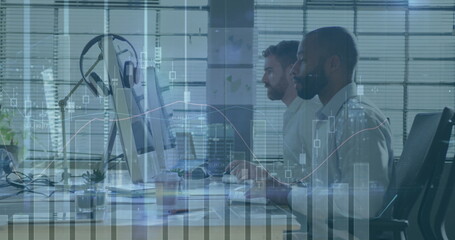 Poster - Image of graphs and changing numbers with buildings over diverse coworkers working in office