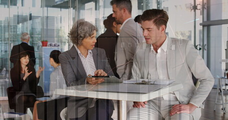 Poster - Image of multiple graphs, numbers over caucasian coworkers discussing reports on digital tablet