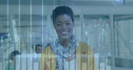 Poster - Image of multiple graphs with changing numbers and buildings over smiling biracial woman
