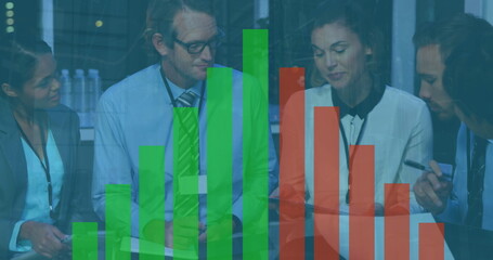 Poster - Image of bar graph over diverse coworkers discussing reports on digital tablet in office