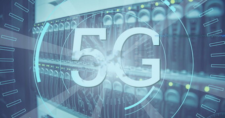Poster - Image of 5g text over spinning round scanner and light spot against close up of computer server