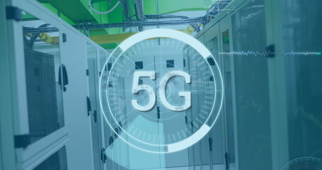 Poster - Image of 5g text over round scanner and data processing against computer server room