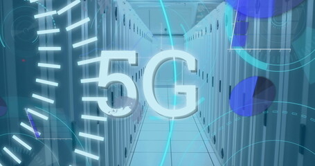 Poster - Image of 5g text, round scanners and statistical data processing against computer server room