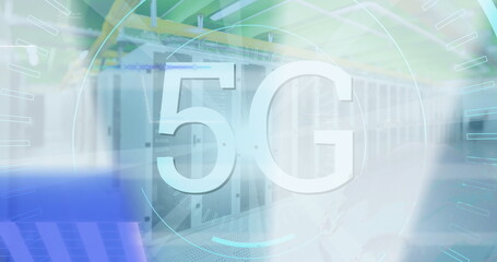 Wall Mural - Image of 5g text over spinning round scanner, light spot and data processing against server room