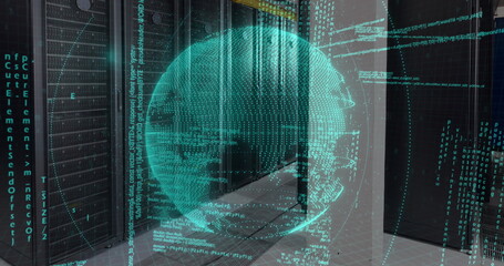 Poster - Image of data processing over spinning globe against computer server room