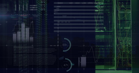 Poster - Image of statistical data processing against computer server room