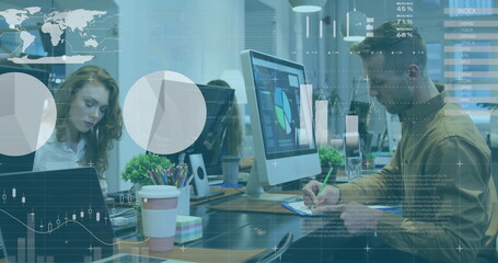 Poster - Image of statistical data processing against caucasian man taking notes at office