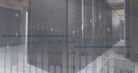 Poster - Image of statistical and stock market against computer server room