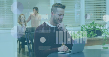 Poster - Image of statistical data processing over thoughtful caucasian man using laptop at office