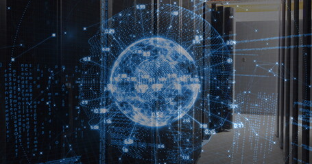 Poster - Image of data processing over spinning globe against computer server room