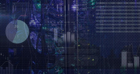 Poster - Image of statistical data processing against computer server room