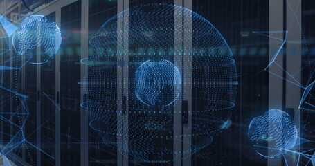 Poster - Image of spinning globes and light spots against computer server room