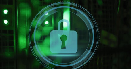 Poster - Image of cyber security text and security padlock icon on round scanner against server room