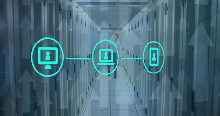 Poster - Image of network of icons, arrow icons over caucasian male engineer walking in server room