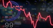 Image of red and white lines showing stock market trends overlay blurry cityscape