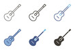Acoustic guitar musical instrument icon. Vector graphic elements in flat, filled and unfilled outline, color and black and white