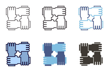 Wall Mural - Partnership unity and teamwork icon. 4 hands holding each other vector graphic element