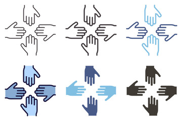 Wall Mural - Four hands facing each other with open palms icon. Vector graphic element for collaboration, working together, teamwork, partnership and unity