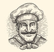 Portrait of happy chef with mustache. Bakery, bistro, restaurant emblem. Hand drawn sketch vintage drawing