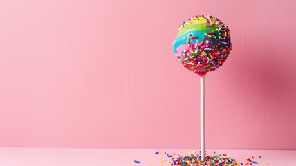 Wall Mural - Colorful sprinkled cake pop against pink background with sprinkles falling