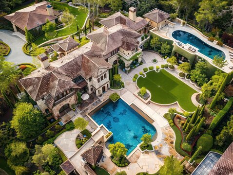  luxury mansion modern design with a pool and a large lawn, aerial view
