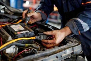 closeup of mechanics hands performing vehicle battery diagnostic test in auto repair shop