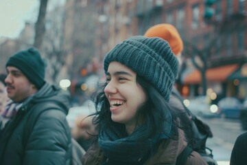 Wall Mural - Beautiful young asian woman walking on the street in New York City