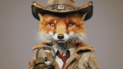 Wall Mural - A clever fox wearing a detective costume with a hat and magnifying glass