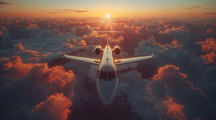 Wall Mural - A luxury private jet airplane overflying cloudy skies at sunset