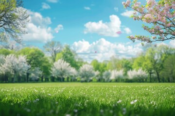 Beautiful blurred background image of spring nature with a neatly trimmed lawn surrounded by trees against a blue sky with clouds on a bright sunny day - generative ai