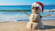 Festive Sand Snowman Wearing Sunglasses and Santa Hat with Copy-Space