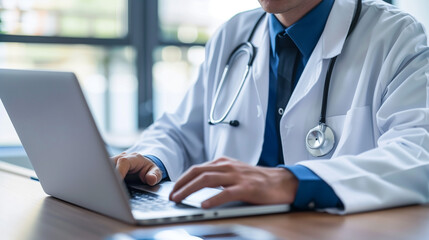Poster - doctor sitting at the desk using laptop for remote consultation, modern digital technology use in me