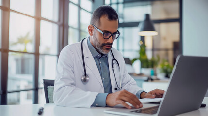 doctor sitting at the desk using laptop for remote consultation, modern digital technology use in medical field 